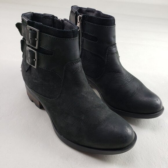 Sorel Lolla Waterproof Ankle Boot Womens 7 Black Leather Side Zip Buckle Moto - Picture 1 of 10